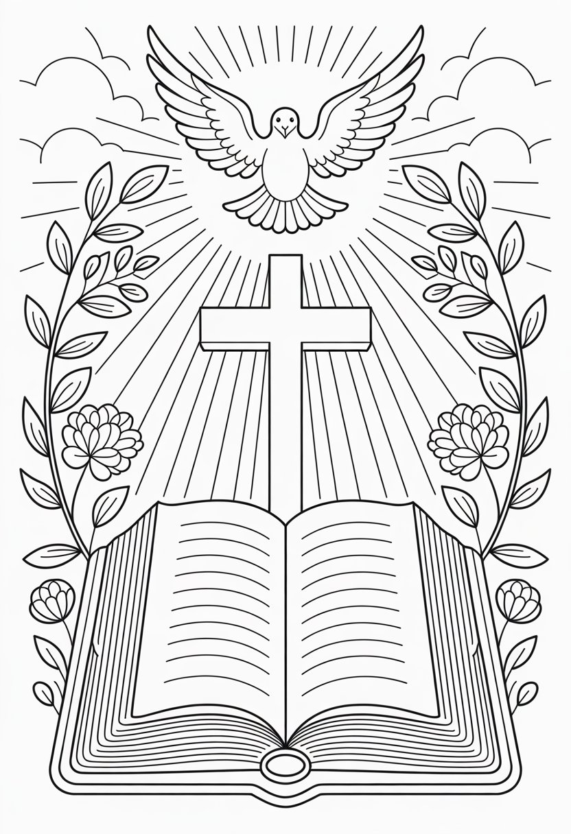 Christian Coloring Pages for Kids: 20 Inspirational Designs to Inspire Faith 42 An open Bible with a glowing cross behind it, a dove descending above, surrounded by flowers, vines, clouds, and rays of light.